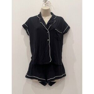 UGG Modal Short Sleeve Button Up Pajama Set Sz XS Black White Trim
